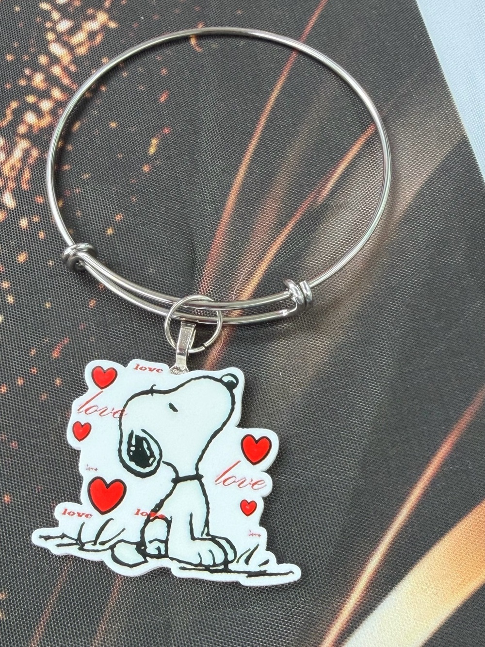 Snoopy Heart Charm Silver Bangle Bracelet